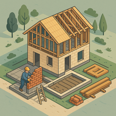 A house being built step by step with builder stages