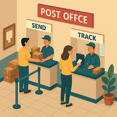 Post office with separate counters for sending and tracking parcels