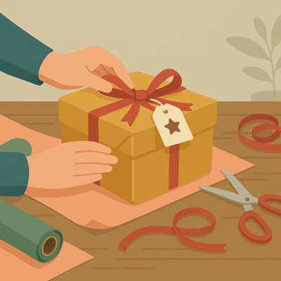 Gift box being wrapped with layers like paper, ribbon, and tag