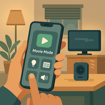 Smart home app activating lights, blinds, TV, and speakers