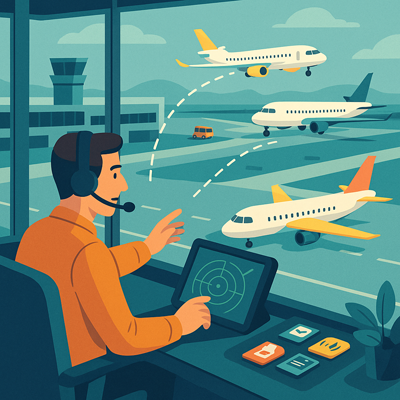 Air traffic controller coordinating communication between planes