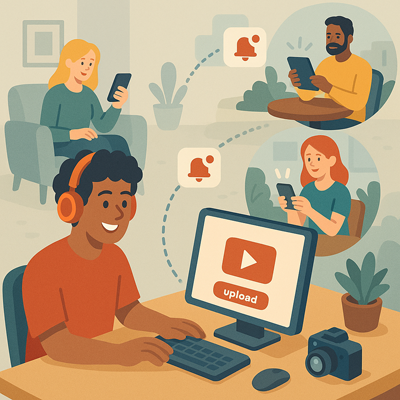 A YouTuber uploading a video and subscribers receiving notifications