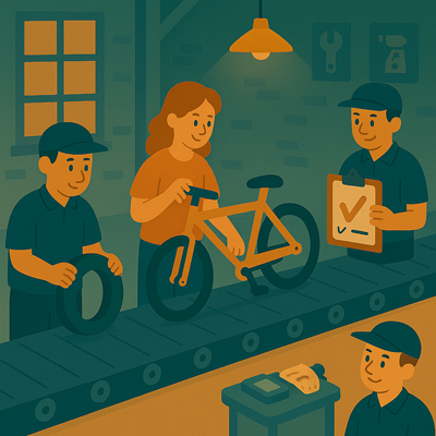 Factory assembly line with different workers adding parts to a product