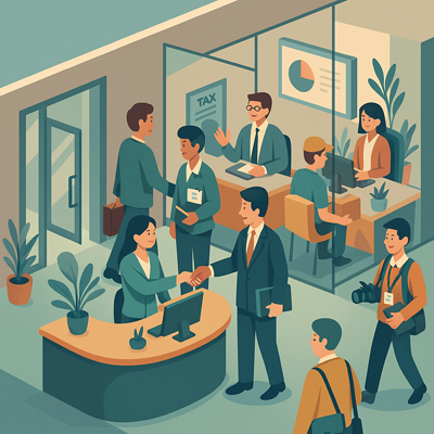 Visitors entering company departments like HR, Finance, or PR